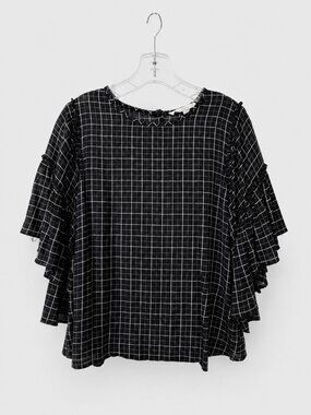 Loft Bell Sleeve Ruffle Plaid Top
